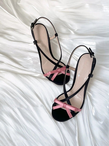 Sandalias de piel de oveja francesa con lazo dulce de colores, punta abierta, tacón fino, tacones altos para mujer, novedad 2024 