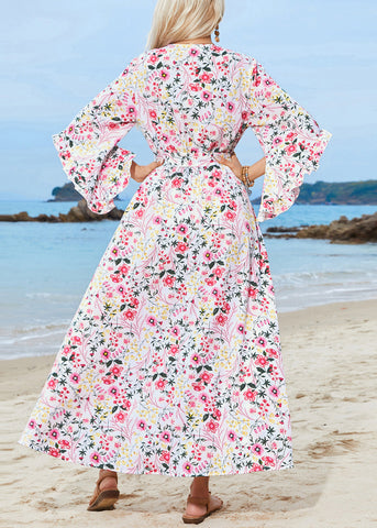 Bohemian Floral Ruffled Tie Waist Side Open Chiffon Dress Long Sleeve