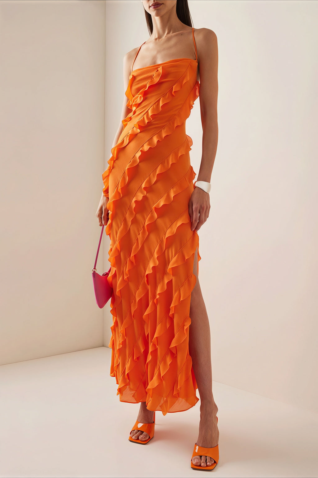 Backless Tie Ruffle Slit Cami Maxi Dress