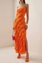 Backless Tie Ruffle Slit Cami Maxi Dress