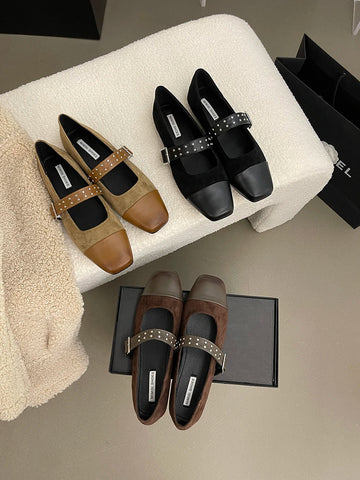 Mocasines Mary Jane de punta redonda para mujer, recién llegados en 2024, planos de moda, negros, marrones y beige, con diseño de remaches, zapatos casuales de diario para mujer, tallas 35-39 