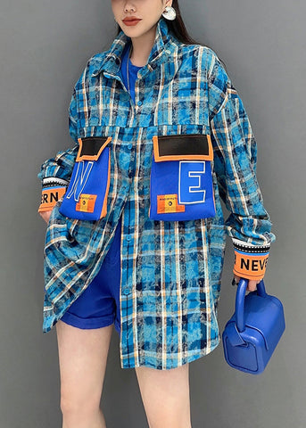 Schicke blaue karierte Knopf-Patchwork-Baumwollblusen mit langen Ärmeln 