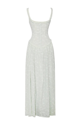 Vestido largo Ulissa verde claro con escote cuadrado, textura jacquard y abertura alta 