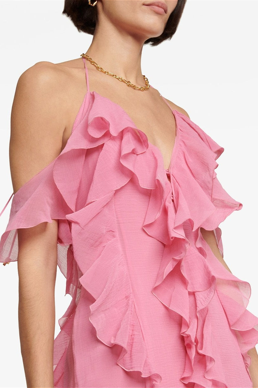 Deep V Halter Pink Ruffle Maxi Dress