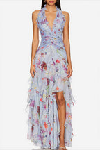 Chiffon Floral Halter Tie Tiered Maxi Dress