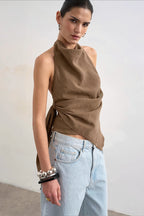 Cowl Neck Backless Asym Draped Halter Top