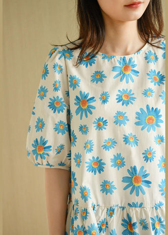 Vestidos casuales de algodón de verano con media manga y cuello redondo en azul 