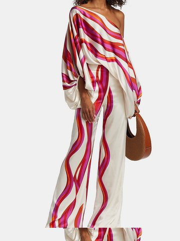 Urban Wide Leg Loose Printed Off-The-Shoulder Blouses &Casual Pants Two Pieces Set