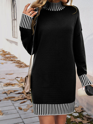 Vestidos mini de manga larga, sueltos, con contraste de color, con abertura en la costura y cuello alto. 