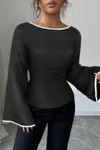 Solid Flare Sleeve Ruched Waist Blouse