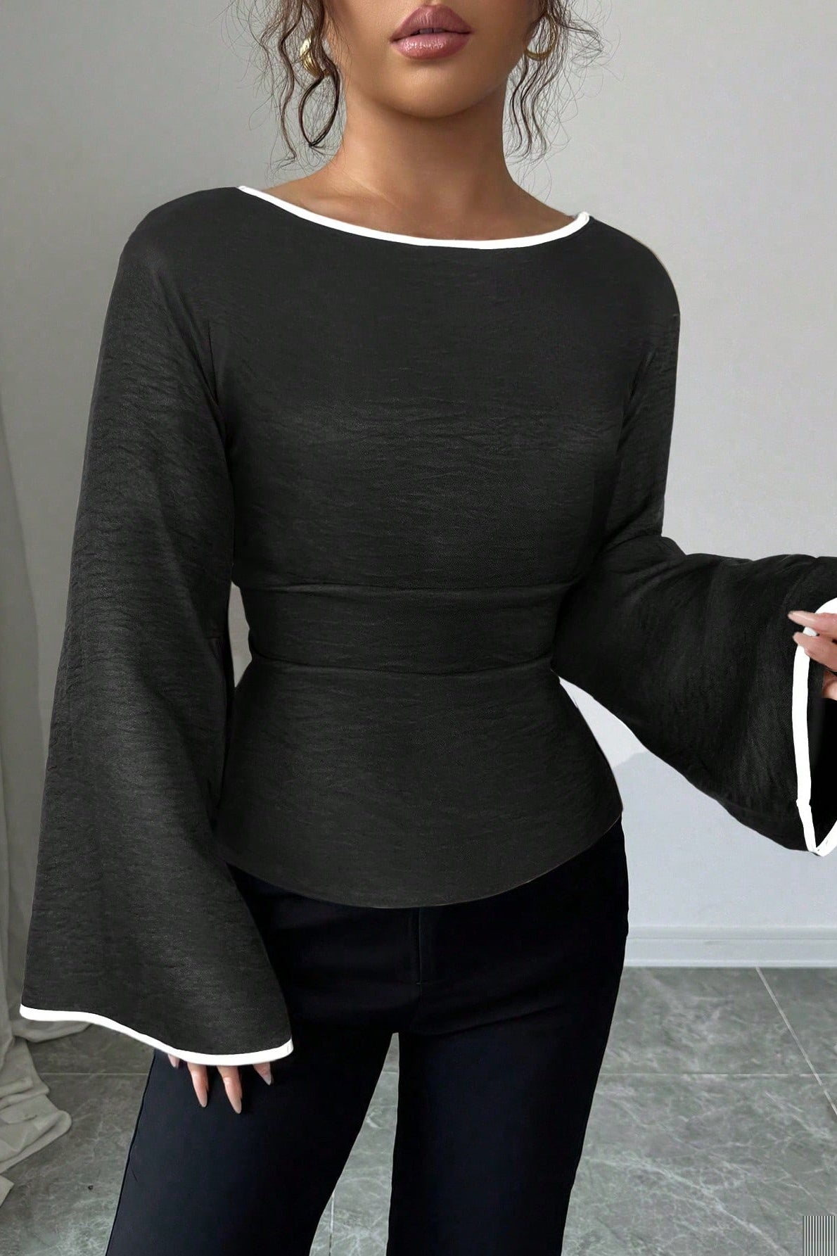 Solid Flare Sleeve Ruched Waist Blouse