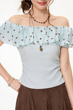 Mint Polka Dot Ruffle Off Shoulder Blouse