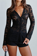 Lace Polo Sheer Long Sleeve Blouse