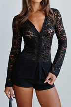 Lace Polo Sheer Long Sleeve Blouse