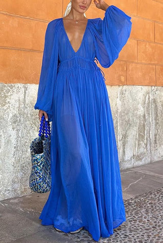 Vestido largo de gasa con cintura fruncida y fruncido 