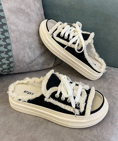 Schwarze Plateau-Canvas-Sandalen mit lässigem Spleißen und Schnürung 