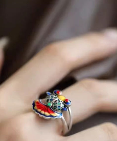 Anillos vintage de plata de ley con brocado de arcoíris y esmalte de carpa 