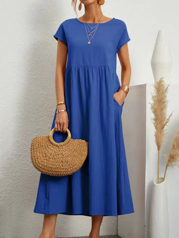 Vestidos midi holgados de manga corta, plisados, de color liso y cuello redondo 