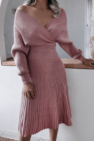 Vestido midi de dos piezas con hombros descubiertos y tejido de canalé de lúrex metalizado - Rosa polvoriento 