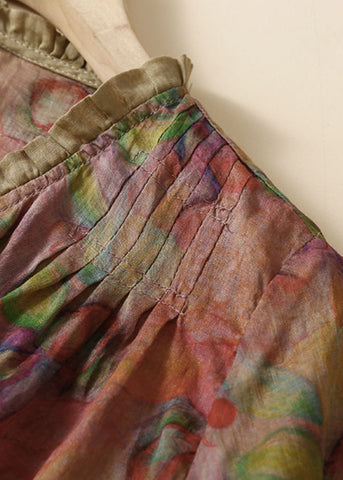 Bio Lila Print Rüschen Patchwork Leinen Tops Sommer 