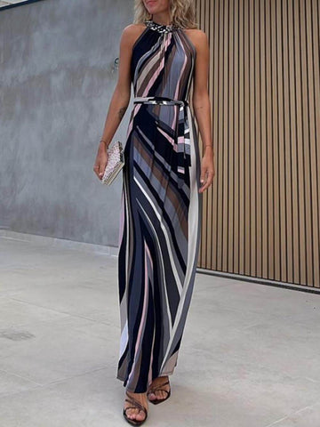 Vestido largo informal holgado con cuello halter, estampado a rayas y degradado 