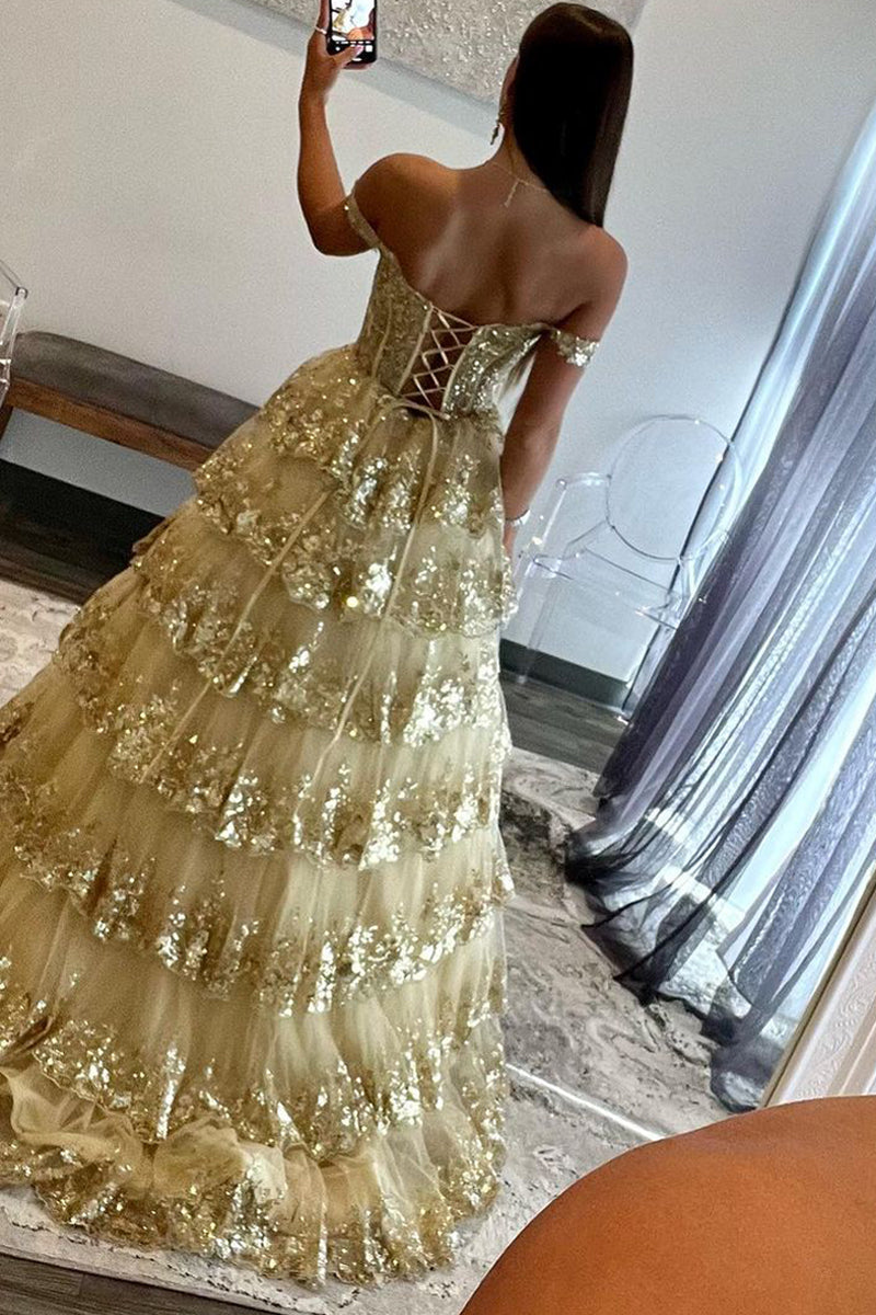 Prinzessinnen-Abendkleid aus Paillettenspitze mit schulterfreiem Ausschnitt