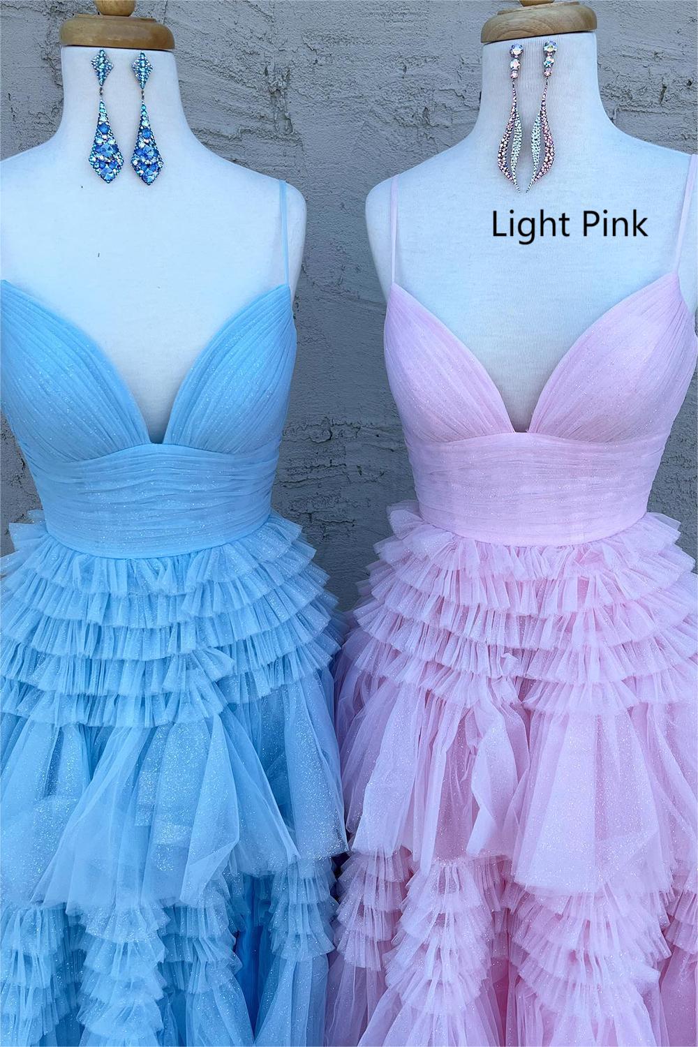 Vestido de fiesta largo rosa con tirantes finos y corte en A y abertura