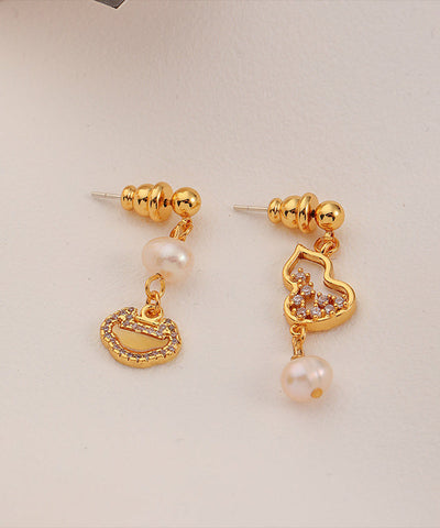 Chinese Style Gold Copper Overgild Pearl Zircon Drop Earrings