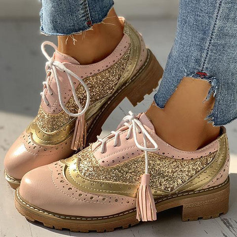 Vintage Oxford Brogues Chunky Block Heel Shoes Lace-up Pumps