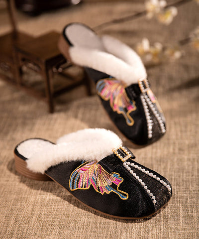 Retro Stickerei Chunky Hausschuhe Schuhe Weiß Satin Fuzzy Wolle gefüttert
