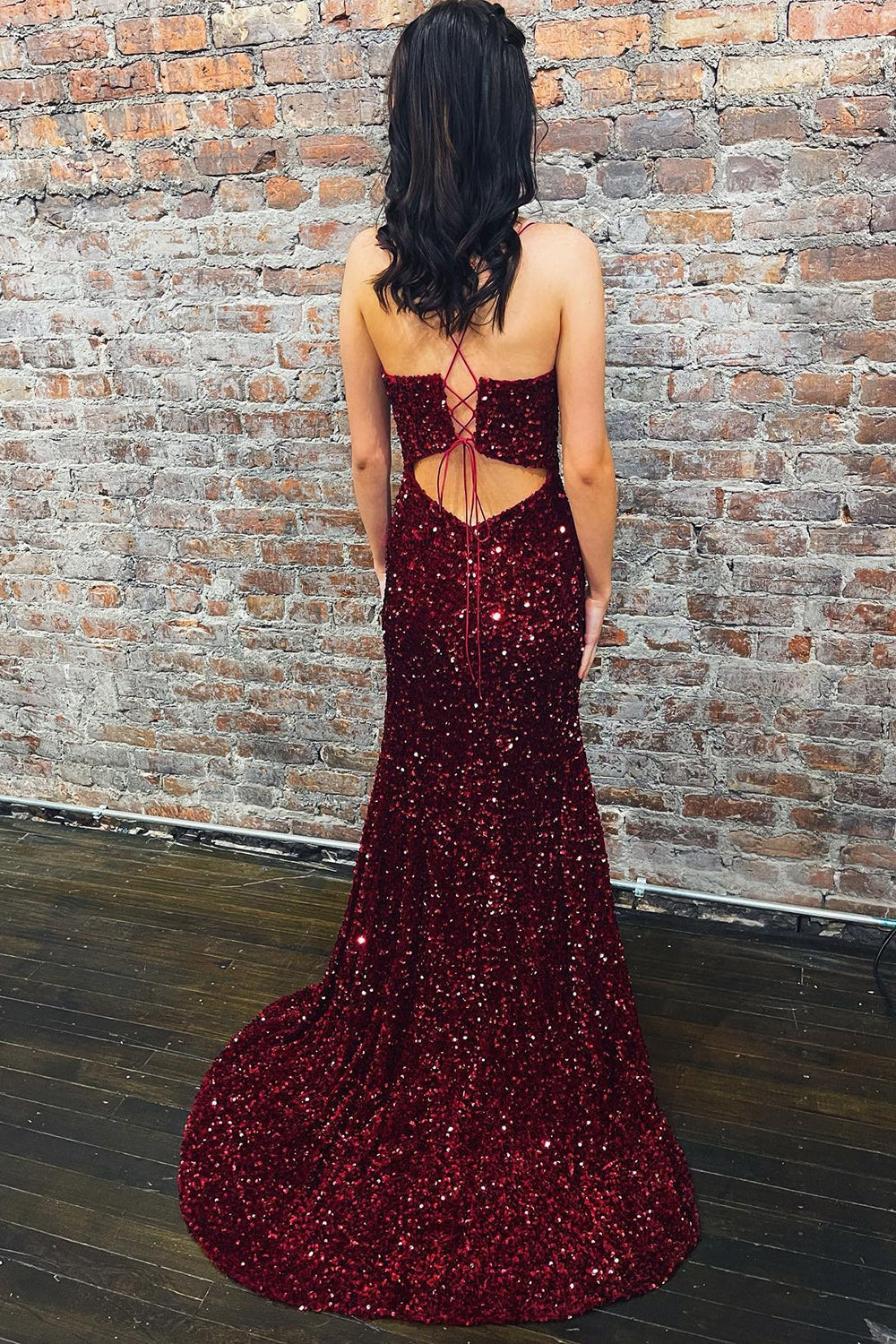 Mermaid Deep V Neck Burgundy Sequins Long Prom Dress with Silt