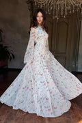Floral Round Neck Long Sleeve Tie Maxi Dress