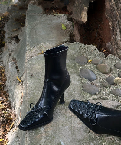 Boutique Splicing High Heel Stiefel Weiß Kunstleder Schleife 
