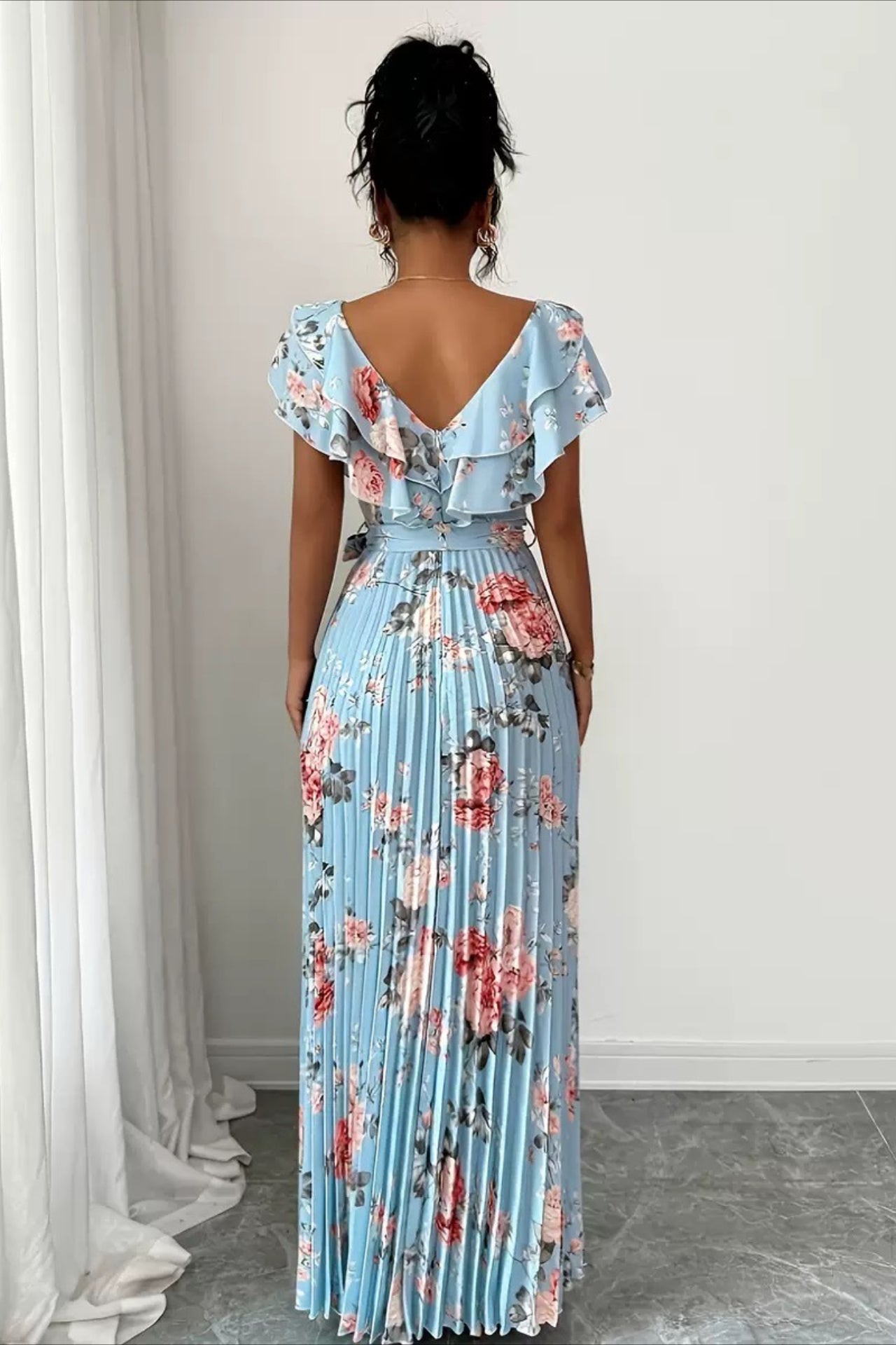 Floral Print Ruffle Sleeve V Neck Pleated Elegant Maxi Dress