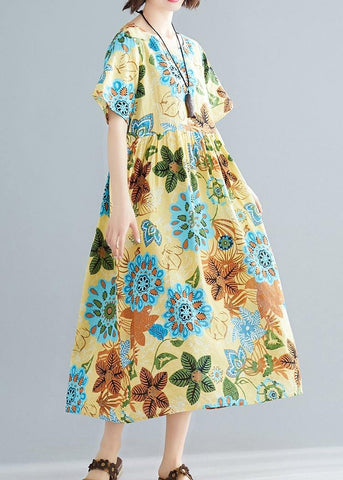 Túnica de algodón con estampado amarillo DIY, cuello redondo, patchwork, vestido de verano de talla grande 