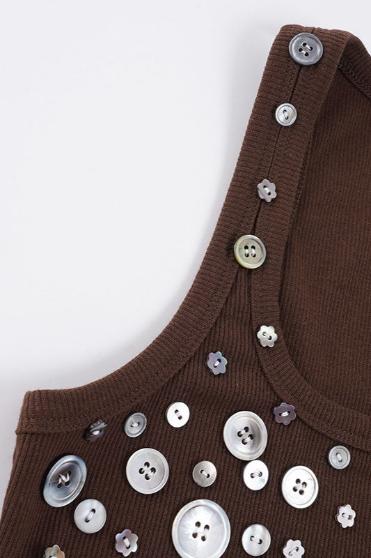 Button Decor Ribbed Casual Tank Top
