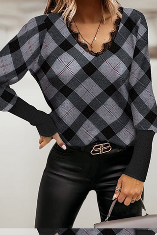 Casual Plaid Split Joint V Neck Tops