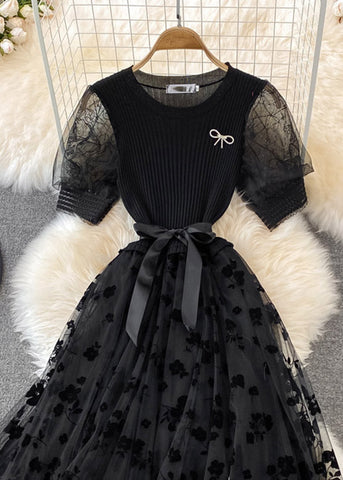 Vestido largo bohemio de tul con cuello redondo, lazo bordado en la cintura, de punto y patchwork, manga corta, color albaricoque 