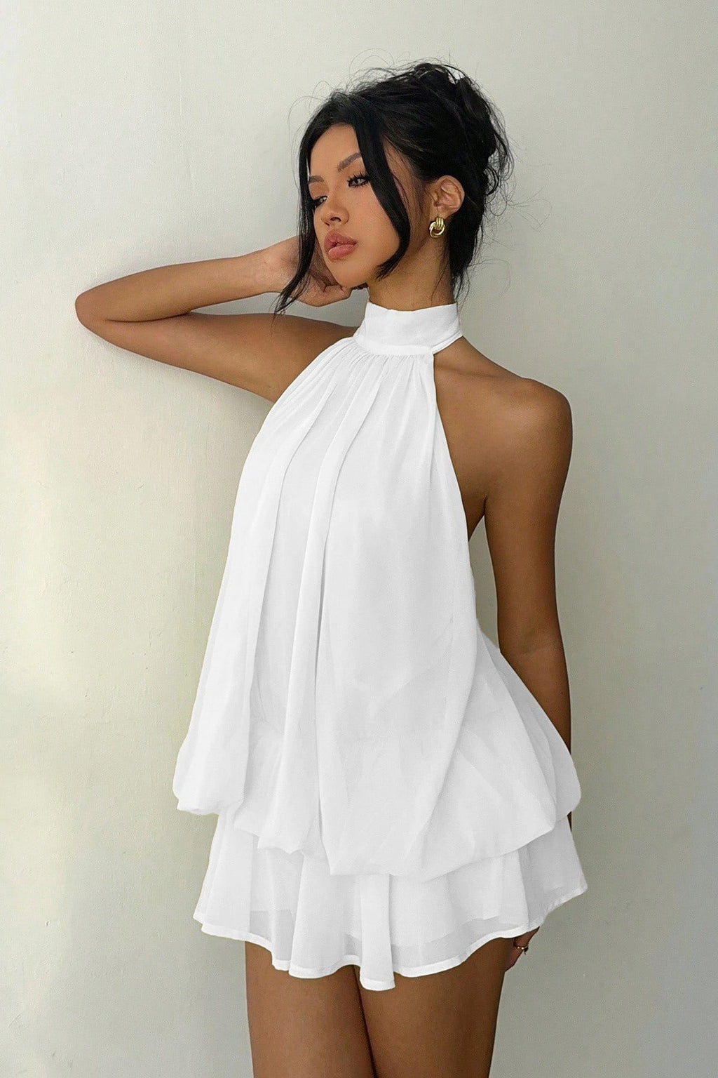 Solid Halter Cutout Back Tie Waist Cinch Mini Dress