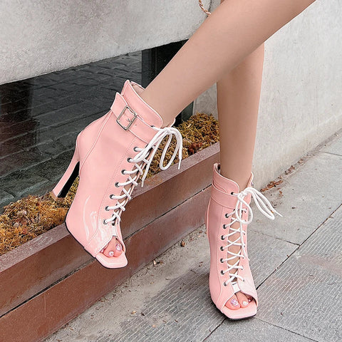 Botines de tacón alto de verano para mujer, primavera 2024, con punta abierta y cordones, para fiesta, jazz, baile, talla grande 47 