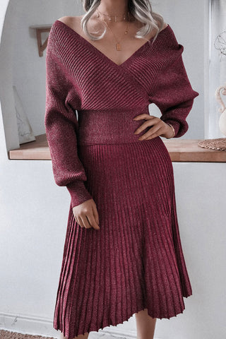 Vestido midi de dos piezas con hombros descubiertos y tejido de canalé de lúrex metalizado - Borgoña 