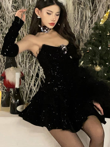 Minivestido de terciopelo Y2K para mujer, sin tirantes, con gargantilla, sexy, ajustado, con capas y volantes, corte A, para fiesta de cumpleaños, noche, graduación 