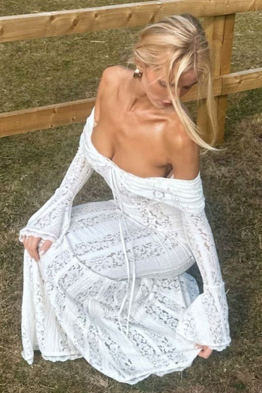 Off Shoulder Lace Flare Sleeve Fitted Train Elegant Maxi Dress