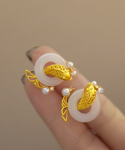 Stylish Gold Sterling Silver Overgild Jade Pearl Brocaded Carp Hoop Earrings