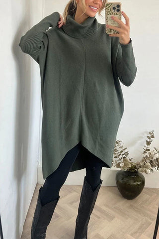 Suéter holgado midi de cuello alto con dobladillo alto y bajo, perfecto para paseos invernales 