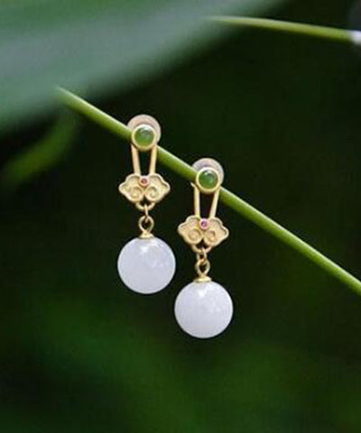 Pendientes colgantes de jade y ruyi en plata de ley blanca de moda 