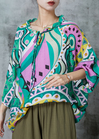 Camisa de lino con estampado oversize verde hecha a mano para verano 
