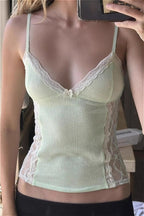 Knit Lace Patchwork Solid Sheer Cami Top