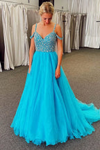 Langes, schulterfreies, blaues A-Linien-Abendkleid mit Perlenstickerei