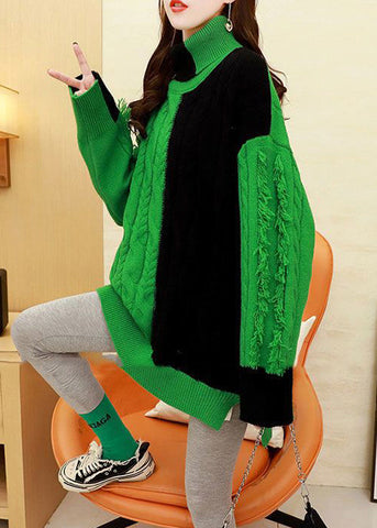 Italienische Grüne Hign Neck Dicken Patchwork Stricken Pullover 